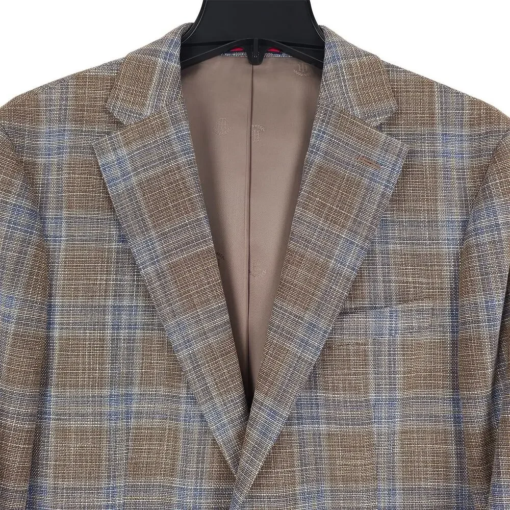 Tommy Hilfiger Mens Modern Fit Sport Coat 40L Tan Blue Plaid Stretch Basketweave